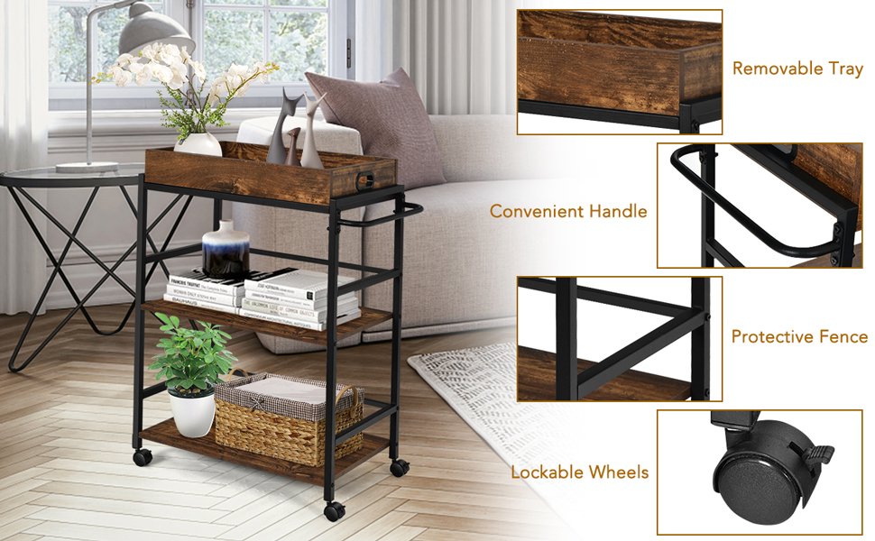 3-Tier Kitchen Serving Bar Cart with Lockable Casters and Handle Rack for Home Pub