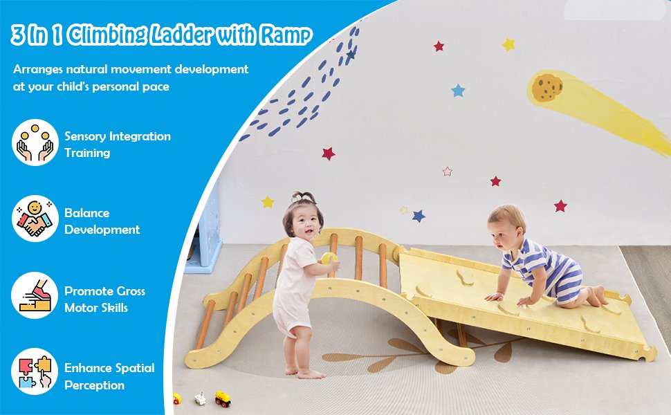 3-in-1 Kids Climber Set Wooden Arch Triangle Rocker with Ramp and Blue Mat