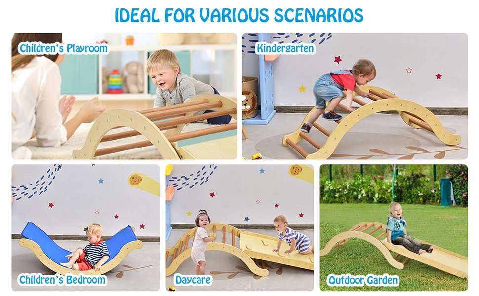 3-in-1 Kids Climber Set Wooden Arch Triangle Rocker with Ramp and Blue Mat