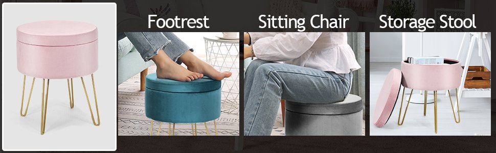 Round Velvet Storage Ottoman Footrest Stool Vanity Chair with Metal Legs