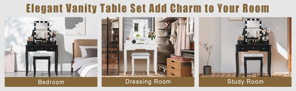 Vanity Dressing Table Set with 10 Dimmable Bulbs and Cushioned Stool