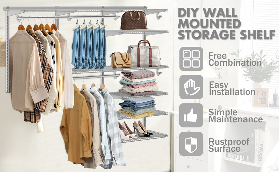 Adjustable Closet Organizer Kit with Shelves and Hanging Rods for 4 to 6 FT
