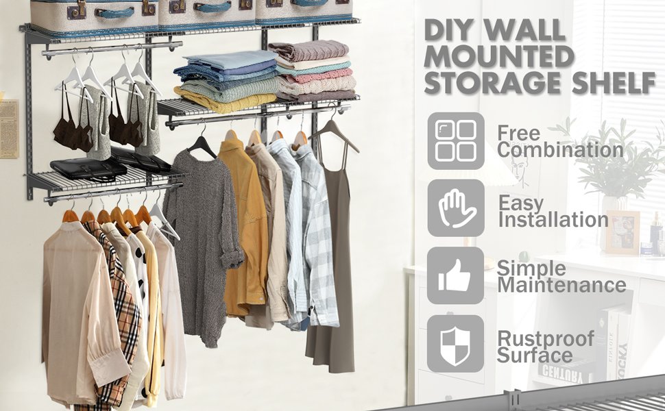 Custom Closet Organizer Kit 3 to 5 ft Wall-Mounted Closet System with Hang Rod