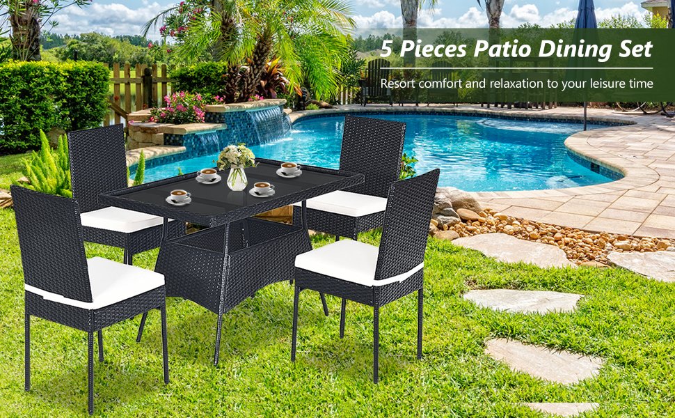 5 Pcs Outdoor Patio Rattan Dining Set with Glass Top with Cushions