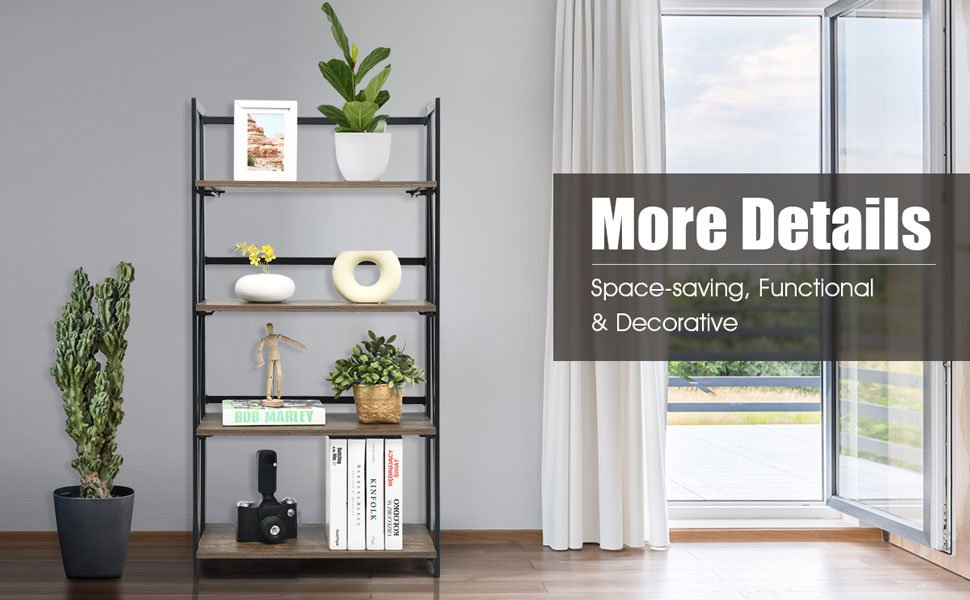 4-Tier Folding Bookshelf No-Assembly Industrial Bookcase Display Shelves