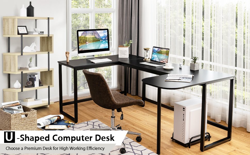 79-Inch U-Shaped Computer Desk with CPU Stand for Home Office
