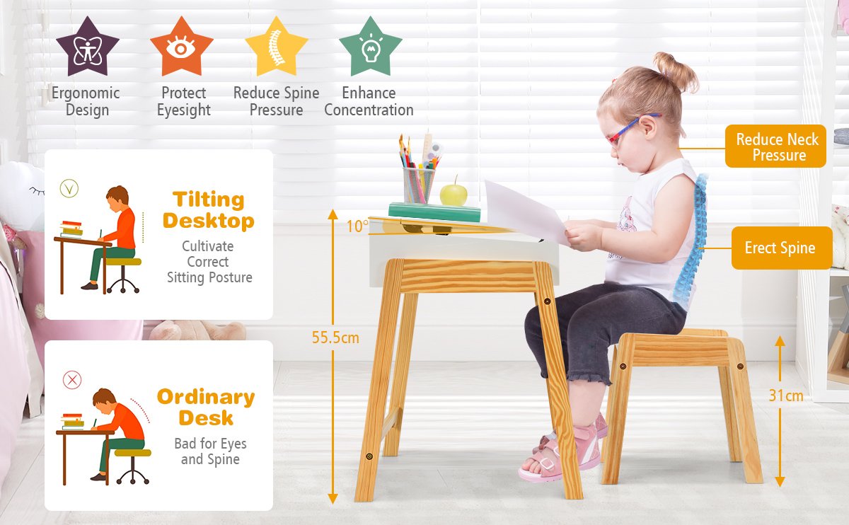 Children Activity Art Study Desk and Chair Set with Large Storage Space for Kids Homeschooling