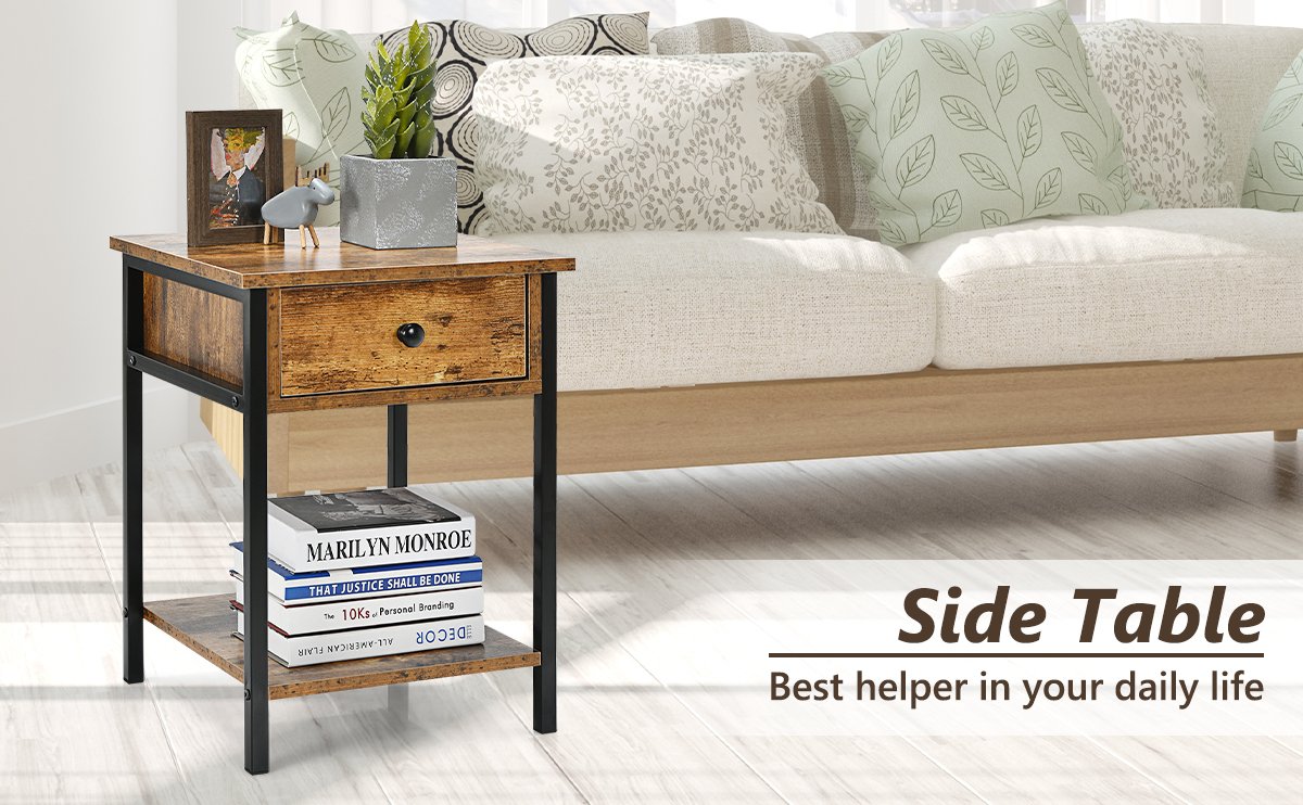 Industrial End Side Table Nightstand with Drawer Shelf