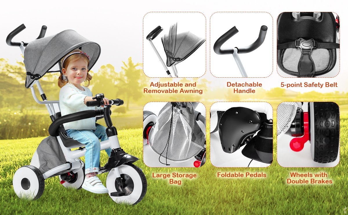 4-In-1 Kids Baby Stroller Tricycle Detachable Learning Toy Bike w/ Canopy Bag 