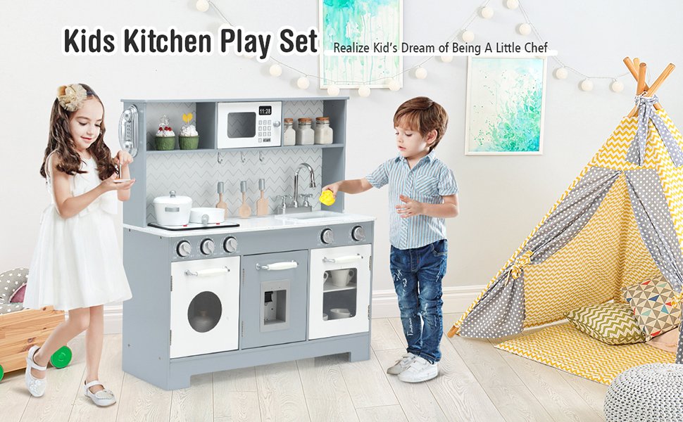 Costway Kids Play Kitchen Set 69PC Kitchen Playset Toys W/ Realistic Lights  & Sounds Blue