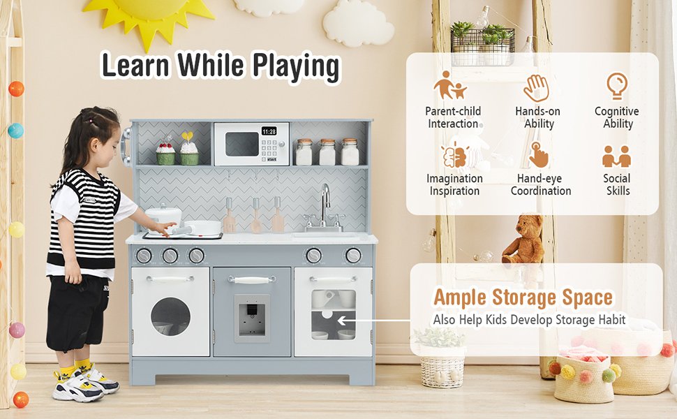 Costway Pretend Play Kitchen Wooden Toy Set for Kids w/ Realistic Light & Sound