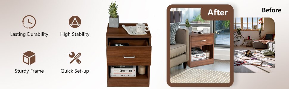 2 Pieces Nightstand with Storage Drawer and Cabinet