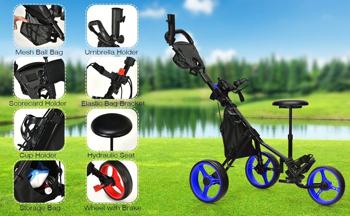 3 Wheels Folding Golf Push Cart with Seat Scoreboard and Adjustable Handle