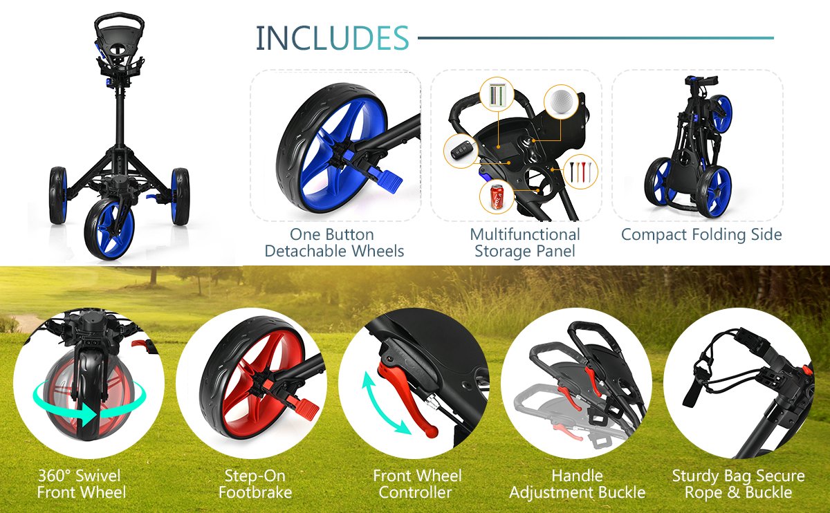 Folding Golf Push Cart with Scoreboard Adjustable Handle Swivel Wheel