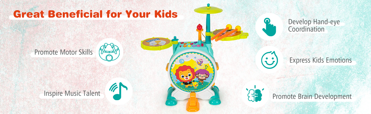 3-Piece Electric Kids Drum Set with Microphone Stool Pedal