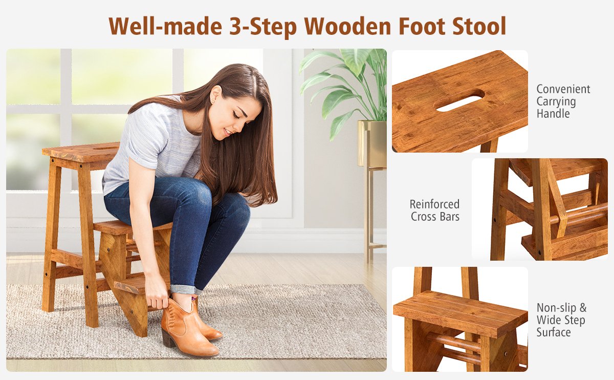 3-in-1 Rubber Wood Step Stool with Convenient Handle