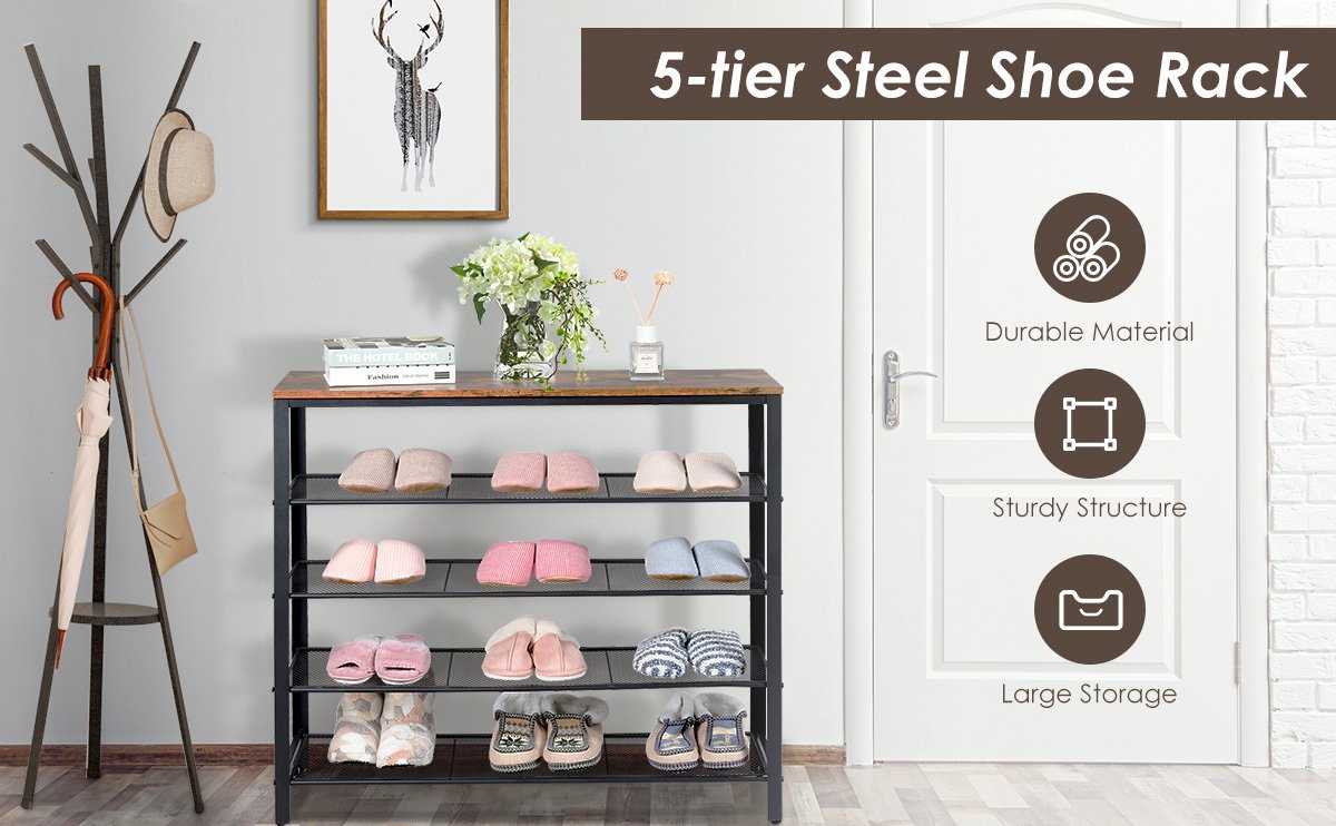 Industrial Adjustable 5-Tier Metal Shoe Rack with 4 Shelves for 16-20 Pairs  - Costway