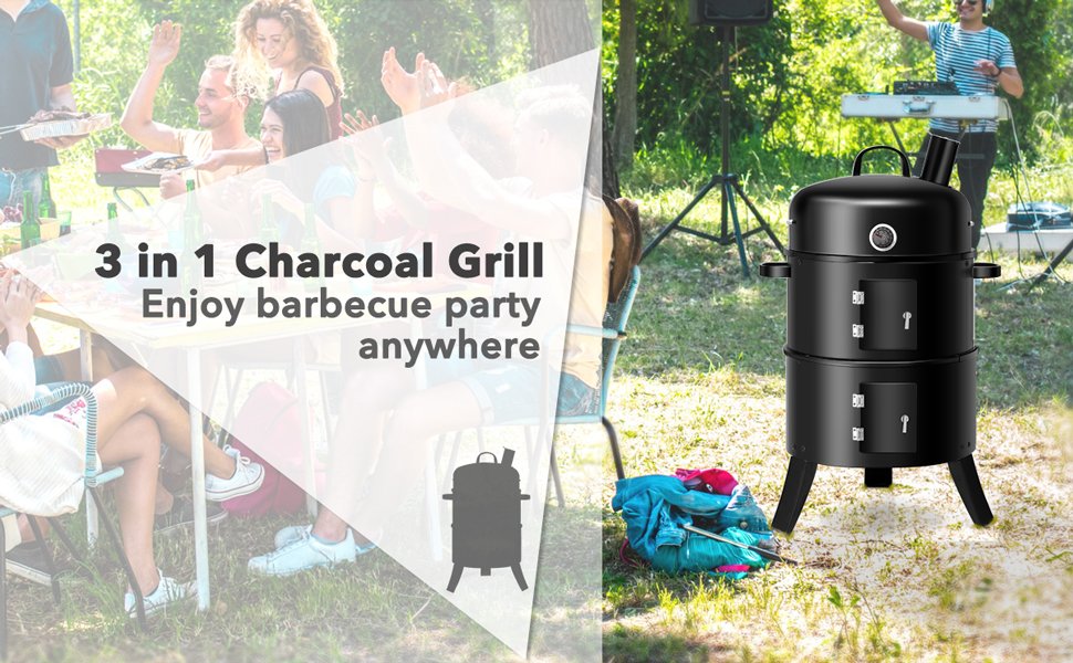 3-in-1 Portable Round Charcoal Smoker BBQ Grill Built-in Thermometer