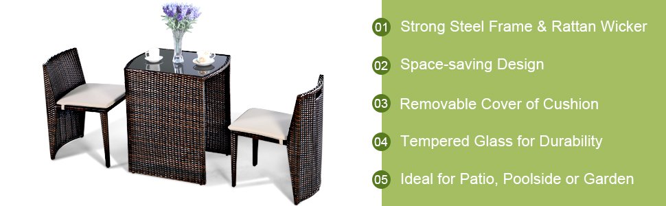 3 Pieces Wicker Patio Cushioned Outdoor Chair and Table Set