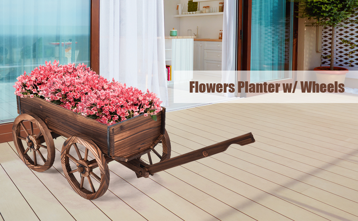 Wood Wagon Planter Pot Stand with Wheels