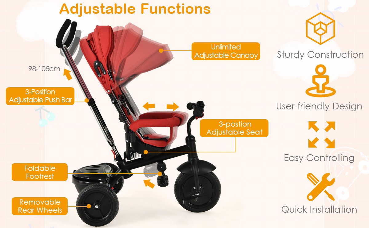 24-In-1 Baby Tricycle Kids Stroller with Adjustable Push Handle