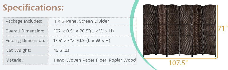 6.5 Feet 6-Panel Weave Folding Fiber Room Divider Screen