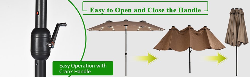 15 Feet Patio LED Crank Solar Umbrella without Weight Base