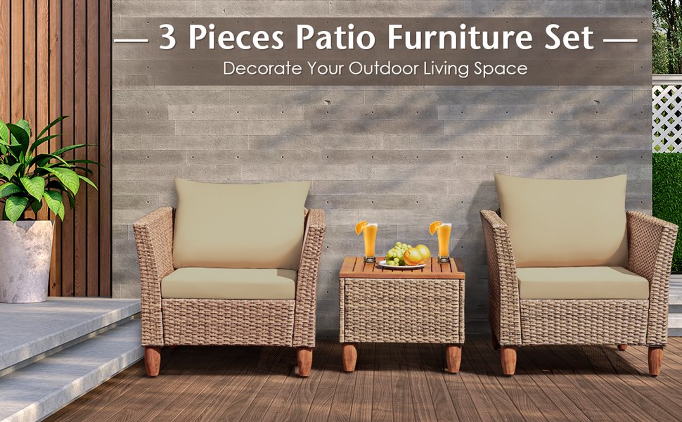 3 Pieces Patio Rattan Bistro Furniture Set