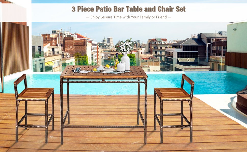 3 Pieces Patio Rattan Wicker Bar Dining Furniture Set