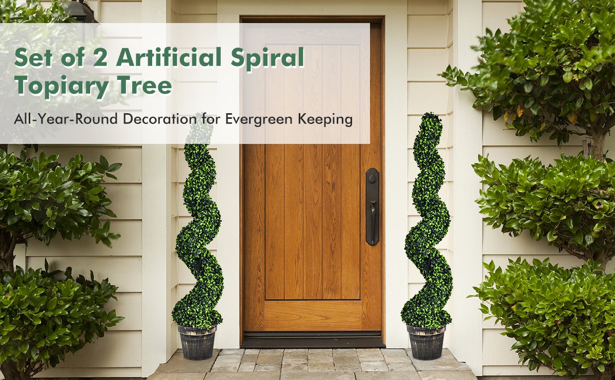 2 Pack 4 Feet Artificial Spiral Boxwood Topiary Indoor Outdoor Decor