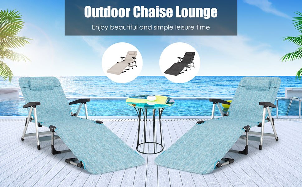 Beach Folding Chaise Lounge Recliner with 7 Adjustable Position