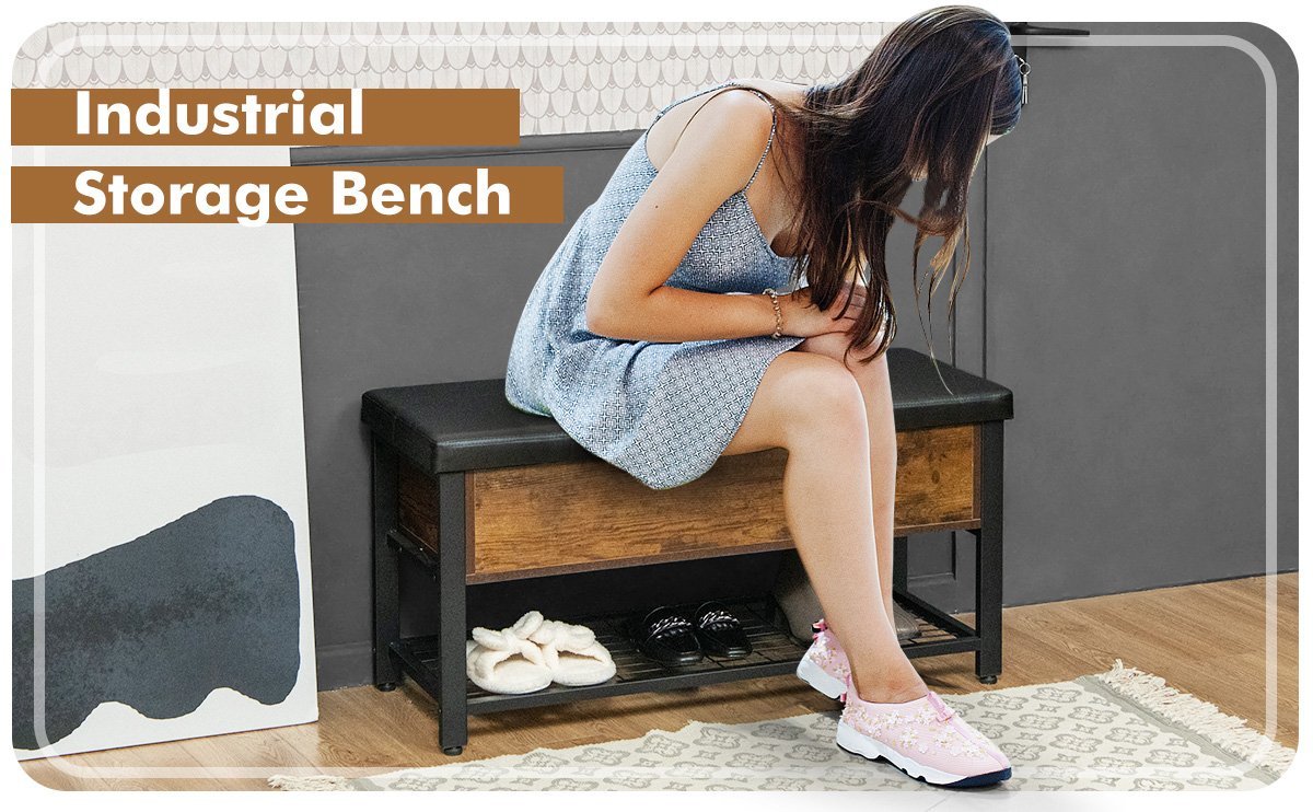 Shoe Bench Padded Bench with Storage Box and Shoe Shelf