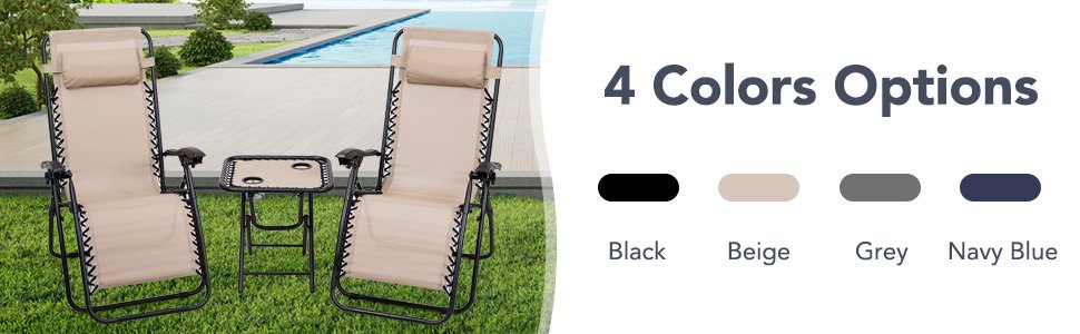 3 Pieces Folding Portable Zero Gravity Reclining Lounge Chairs Table Set