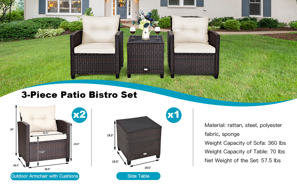 3 Pieces Patio Rattan Furniture Set with Cushion