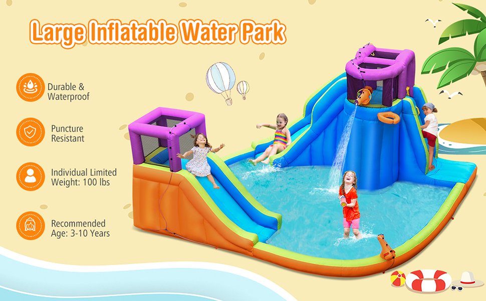 6-in-1 Inflatable Dual Water Slide Bounce House Without Blower