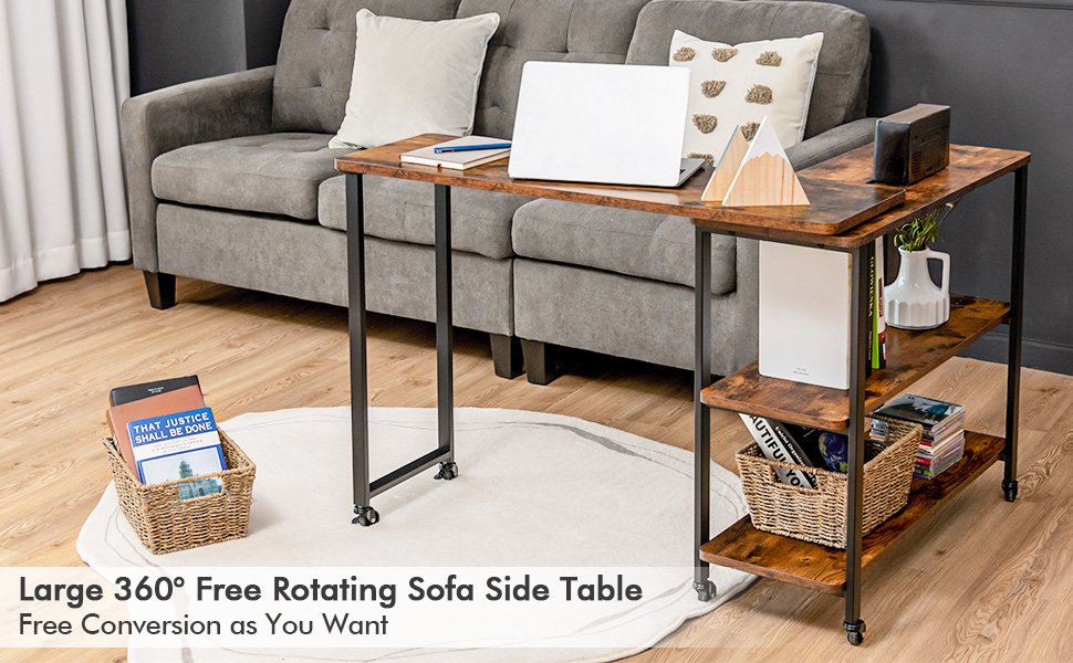 Large 360-Degree Free Rotating Sofa Side Table with Wheels and Storage Shelf