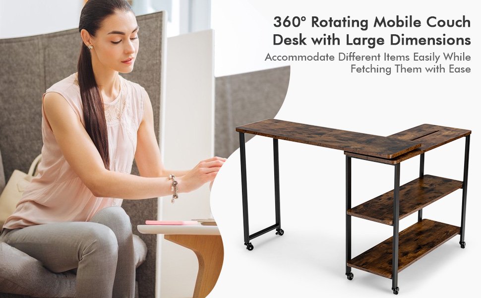 Large 360-Degree Free Rotating Sofa Side Table with Wheels and Storage Shelf
