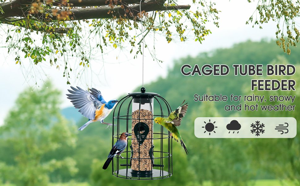 Squirrel-proof Caged Tube Wild Bird Feeder Outdoor Metal Seed Guard Deterrent