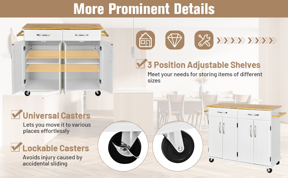 4-Door Rolling Kitchen Island Cart Buffet Cabinet with Towel Racks Drawers