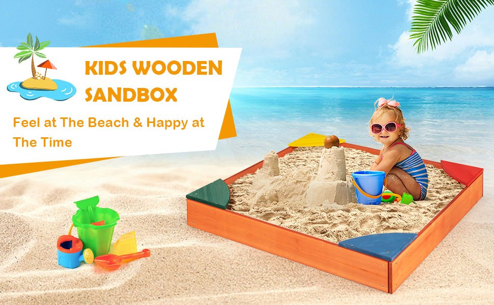 Kids Outdoor Wooden Backyard Sandbox with Built-in Corner Seating
