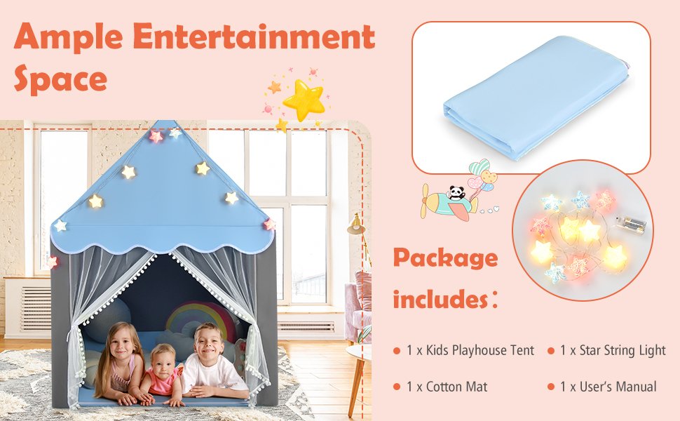 Kids Playhouse Tent with Star Lights and Mat