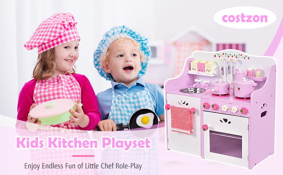 Kids Wood Pink Strawberry Pretend Cooking Kitchen Toy Play Set Toddler Boy Girl 