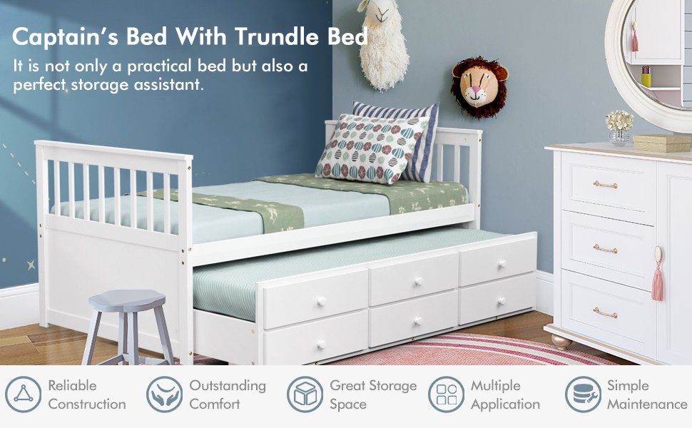Twin Captain’s Bed with Trundle Bed with 3 Storage Drawers
