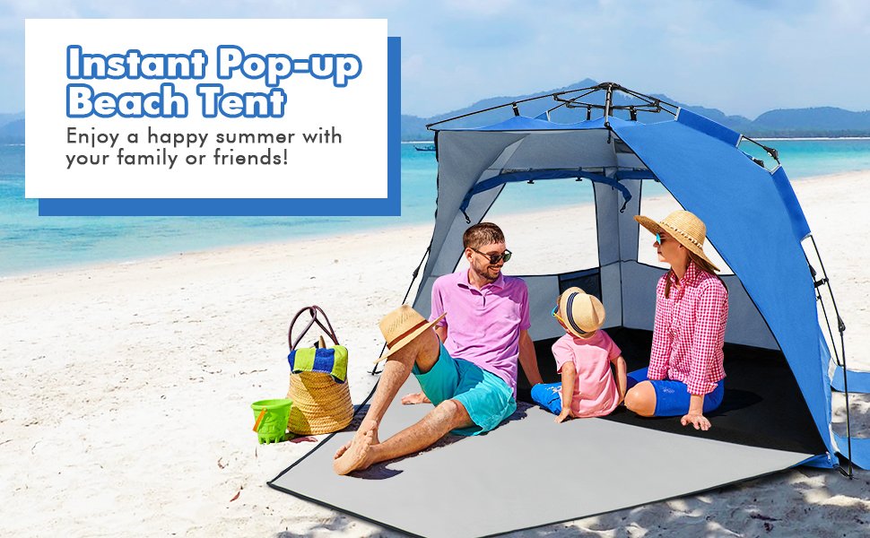3-4 Person Easy Pop Up Beach Tent UPF 50 Portable Sun Shelter