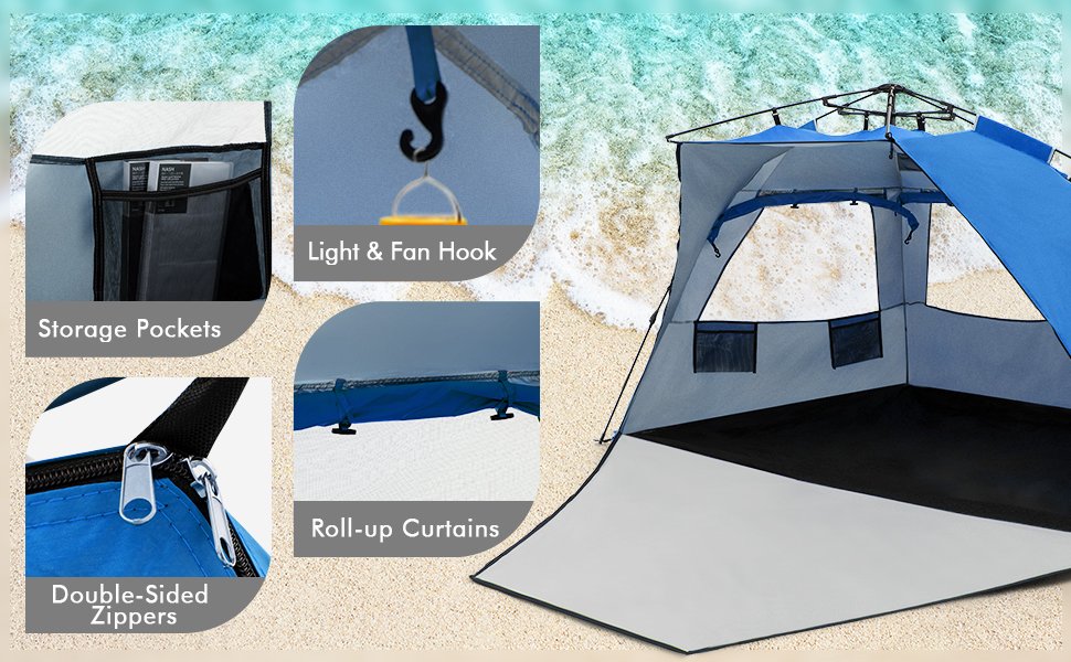3-4 Person Easy Pop Up Beach Tent UPF 50 Portable Sun Shelter