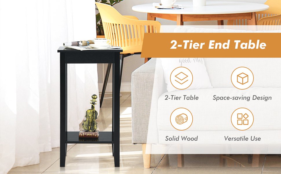 2-Tier Nightstand End Side Wooden Legs Table for Bedroom