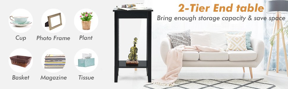 2-Tier Nightstand End Side Wooden Legs Table for Bedroom
