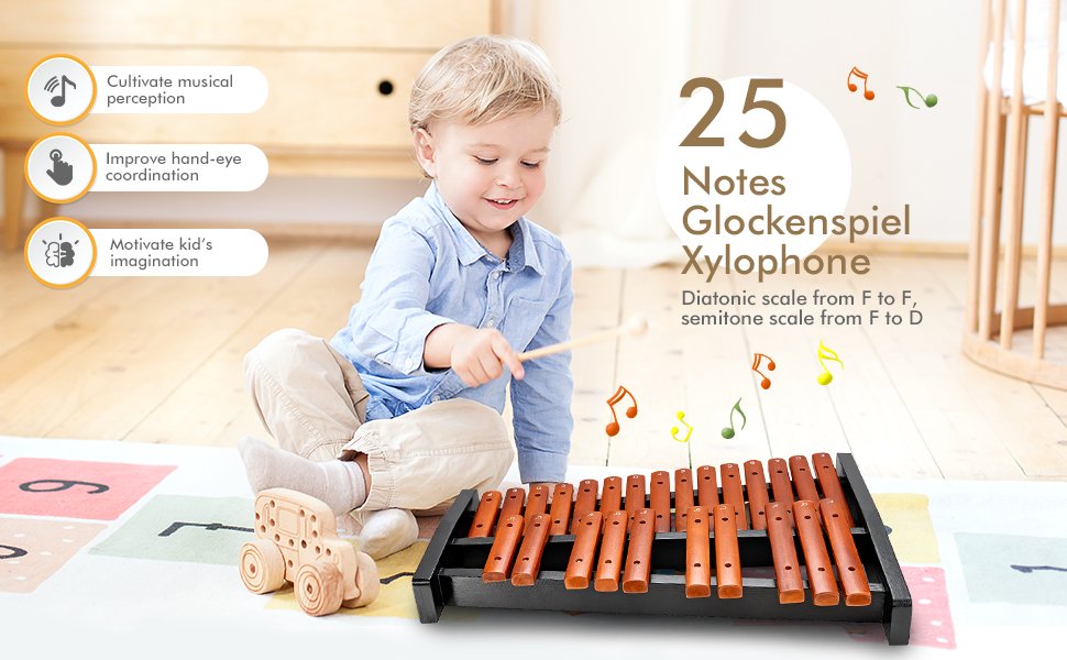25 Note Xylophone Wooden Percussion Educational Instrument with 2 Mallets