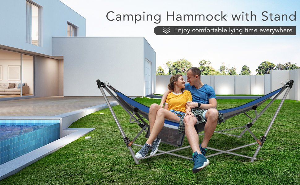 Folding Hammock Indoor Outdoor Hammock with Side Pocket and Iron Stand