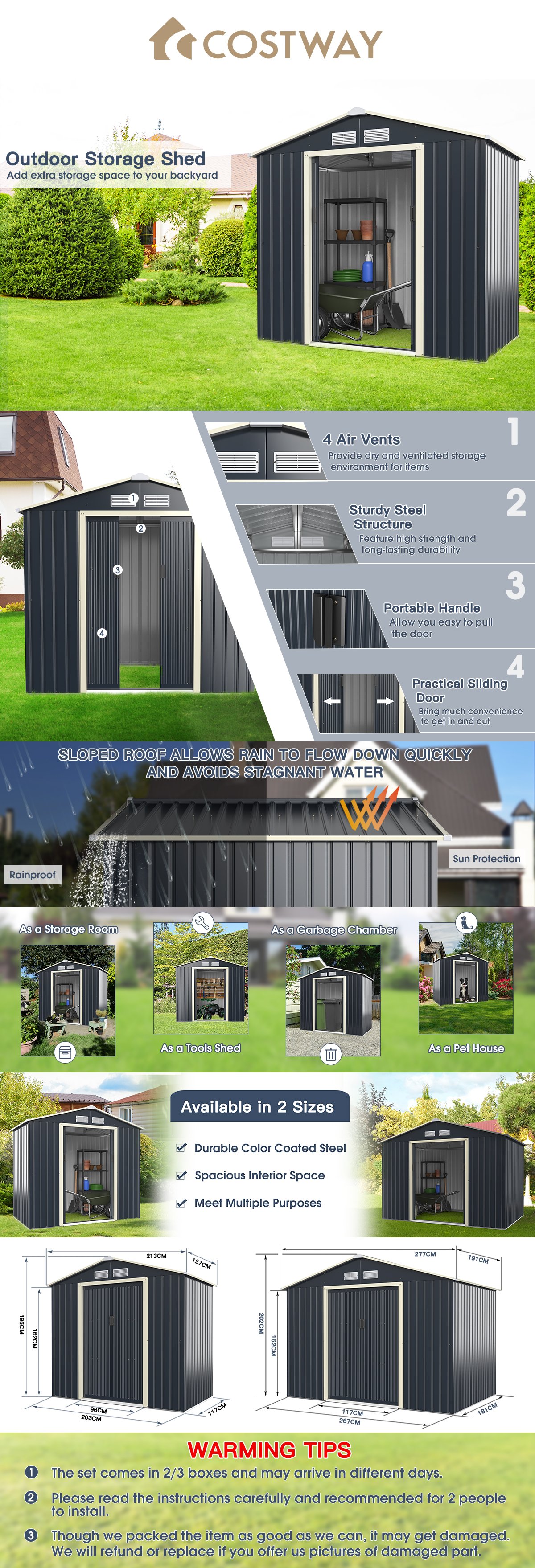 7 X 4 Feet Metal Storage Shed with Sliding Double Lockable Doors